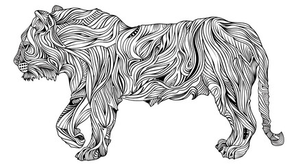 Abstract coloring page in the shape of a tiger on a white background