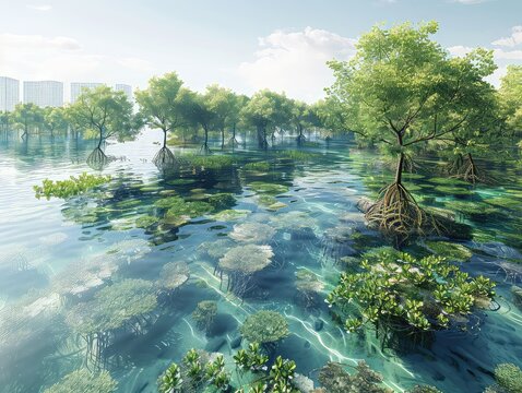 Sustainable Nature Reserve - Mangrove Preservation - Eco-friendly Environment - Generate visuals of a sustainable nature reserve, highlighting the mangrove forest and coastal landscape where carbon
