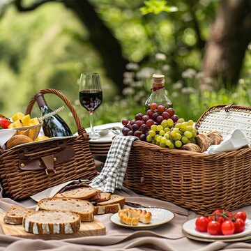 Delicately Detailed Picnic Scene with Nature-Inspired Basket and Blanket of Food