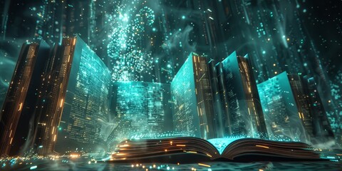 A digital art piece depicts an array of open books with pages filled with glowing data points and code, set against the backdrop of dark space or abstract geometric shapes. 