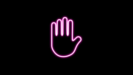 Neon glowing hand alert icon on a black background.