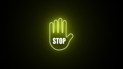Obraz premium Neon glowing stop hand sign. Stop with hand alert on a black background.