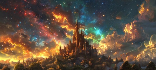 A fantasy castle surrounded by a starry sky, with shooting stars and colorful auroras in the background.  - obrazy, fototapety, plakaty