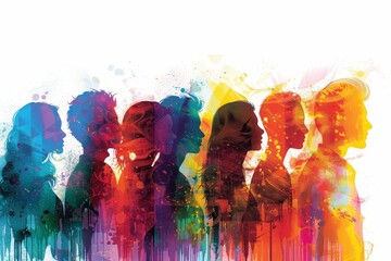 A diverse group of people representing various age groups and backgrounds within society are depicted in an abstract vector art style with vibrant colors.  - obrazy, fototapety, plakaty