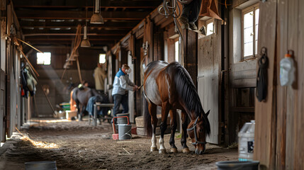 The horse barn that the caretaker was cleaning had a brown horse in the stable. - obrazy, fototapety, plakaty