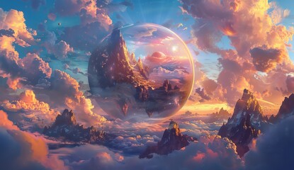 A fantasy world inside of an orb, with planets and mountains floating around it