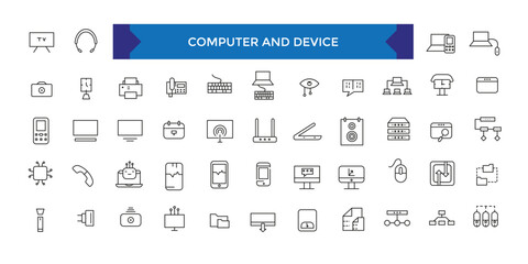 Computer and Device icon set. Electronic devices thin line icons. Outline symbol collection.