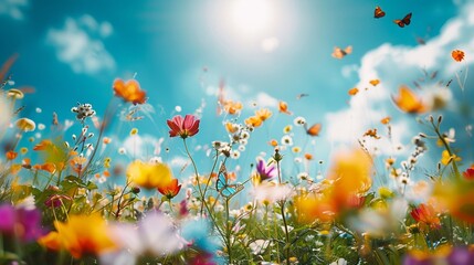 Fototapeta na wymiar A vast meadow bathed in sunlight, colorful wildflowers swaying in the gentle breeze, a clear blue sky stretching endlessly above, butterflies flitting among the blossoms, evoking a sense of joy and se