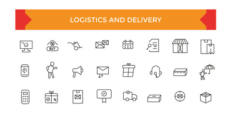 Fototapeta na wymiar Logistics and Delivery icon set. Shipping Related Vector Line Icons. Contains such Icons as Courier, Package Protection. Outline symbol collection.