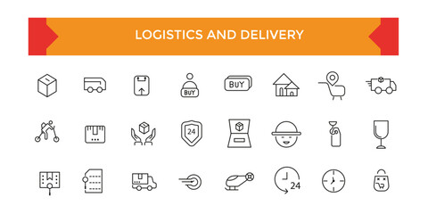 Logistics and Delivery icon set. Shipping Related Vector Line Icons. Contains such Icons as Courier, Package Protection. Outline symbol collection.