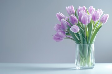 glass cup with purple tulips on the table and space for text, advertising

