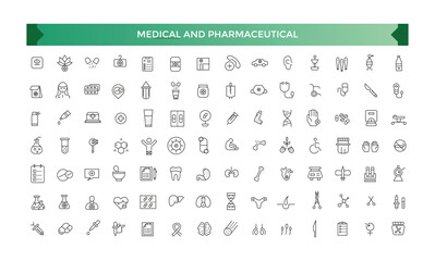 Medical and Pharmaceutical icon set. Collection of high quality black outline logo for web site design and mobile apps. Outline symbol collection.