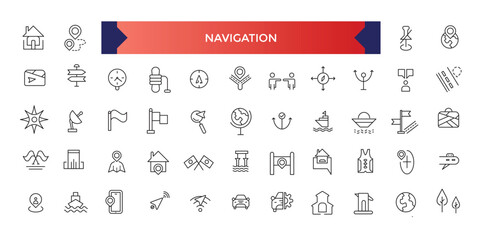 Navigation icon set, Location and Map Line Vector Icons Set. Contains Map with a Pin, Navigator. Outline symbol collection.