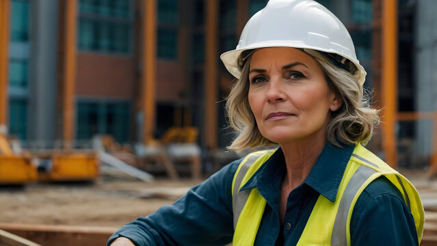 woman working on a construction site, construction hard hat and work vest, smirking, middle aged or older, Generative AI