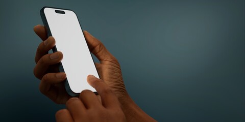 Black African-American hand displays a modern smartphone with a blank screen  - 758800751