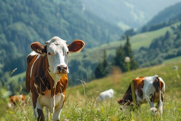 Fototapeta na wymiar cute cattle grazing on a rural farm in the meadow