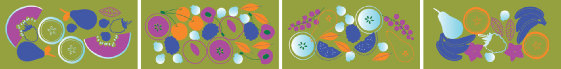 Abstract fruits and vegetables set. Flat vector illustration. Fruits, vegetables, berries collection for logo or background