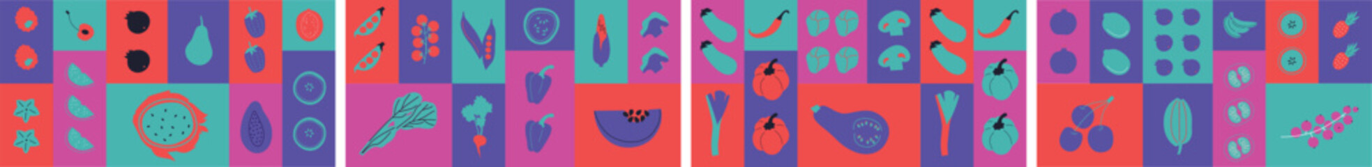 Abstract fruits and vegetables set. Flat vector illustration. Fruits, vegetables, berries collection for logo or background