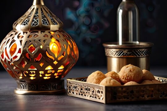 Ramadan Muslim holiday with traditional treats, religious items, Mosque, and themed decorations. Image with copy space for adding text or design.






