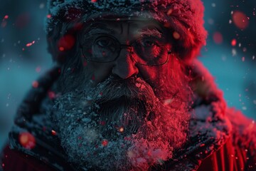man dressed as Santa Claus under the snow and winter rain in christmas
