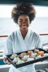 Young female chef on a yacht - obrazy, fototapety, plakaty