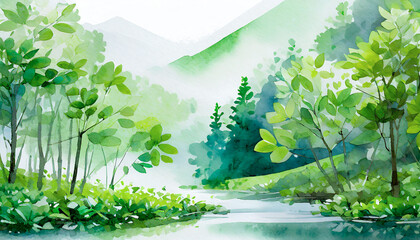 新緑の森の水彩画テイスト,Generative AI AI画像