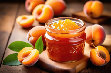 Homemade apricot jam, sweet dessert made from fresh fruits, fruit marmalade, jar of apricot jam, homemade autumn preparations