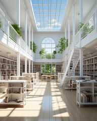 Modern snow-white library with a glass ceiling, stairs and many bookshelves - obrazy, fototapety, plakaty