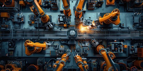 Aerial view of a Robot Factory: Picture a factory filled with conveyor belts and robotic arms assembling futuristic gadgets and machines, with sparks flying and whirring machinery - obrazy, fototapety, plakaty