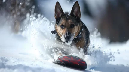 Fotobehang German shepherd dog on a snowboard in winter.  Snowboarding dog. © mariof