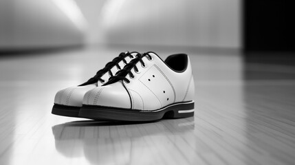Black and white bowling shoes adjacent to a bowling pin on a light gray floor.
