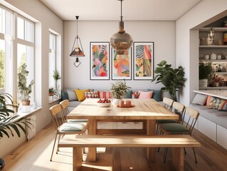  stylish dining area that effortlessly blends modern aesthetics with cozy, family-friendly vibes.