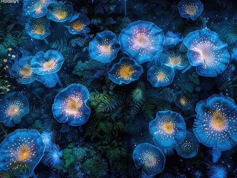 Aerial view of a Glowing Mushroom Forest: Picture a forest illuminated by bioluminescent mushrooms, casting an otherworldly glow and creating a magical atmosphere