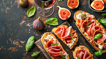 Sandwich with goat cheese spread, prosciutto, figs and chopped walnuts - obrazy, fototapety, plakaty