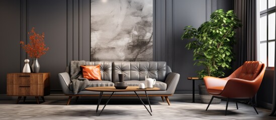Living room interior featuring a grey armchair, sofa, and coffee table