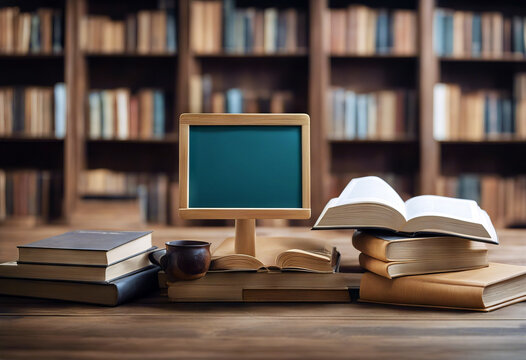 Textbooks on wooden school desk with chalkboard. stock photo