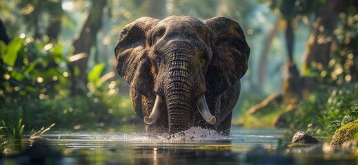 Wild elephants are bathing in the stream. Amidst the lush green forest Image generated by AI