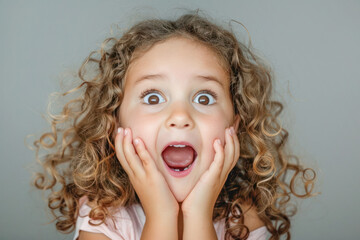 Surprised Little Girl with Wide Eyes. A young girl shows an expression of surprise and amazement with her mouth open and hands on her cheeks.