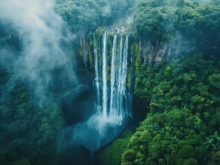 Aerial view of a Mystic Waterfall: Imagine a majestic waterfall cascading down rugged cliffs into a serene pool below, surrounded by lush vegetation and misty air - obrazy, fototapety, plakaty