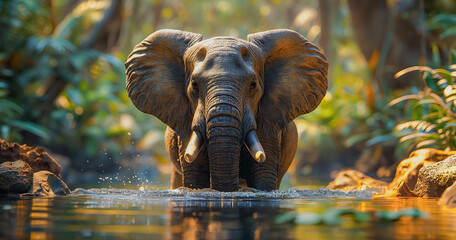 Fototapeta premium Wild elephants are bathing in the stream. Amidst the lush green forest Image generated by AI
