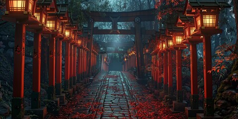 Fushimi Inari Taisha with stone path surrounded by red - obrazy, fototapety, plakaty