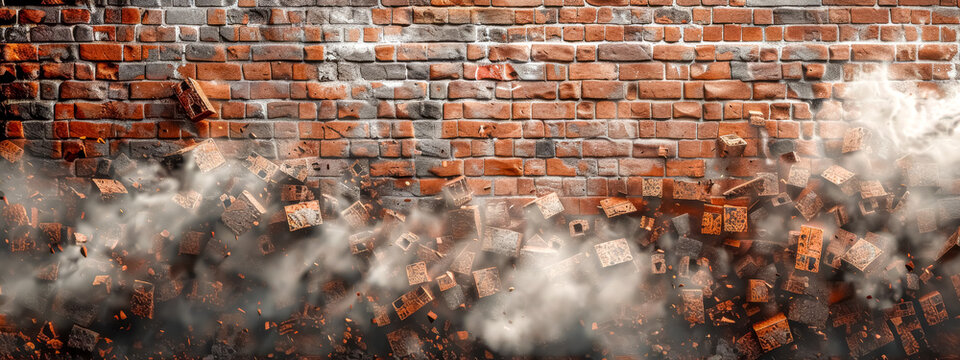 Exploding brick wall with flying debris and dust