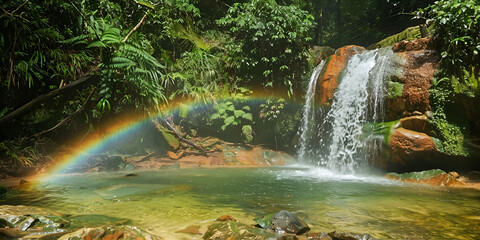 The Golden Valley Waterfall Waterfall hidden in the tropical jungle, amazing nature Seychelles rainforest waterfall and river  fast flowing water and rocks.