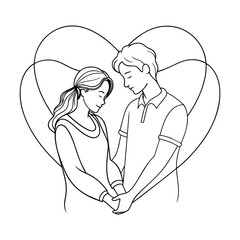 Girl and boy holding hands continuous vector line art drawing
