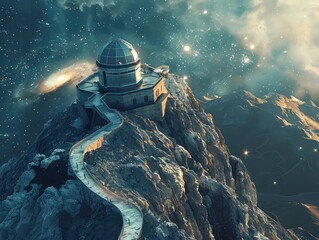 Aerial view of a Celestial Observatory: Visualize an observatory perched atop a mountain peak, offering stunning views of the night sky and distant galaxies - obrazy, fototapety, plakaty