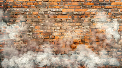 Mysterious brick wall shrouded in mist