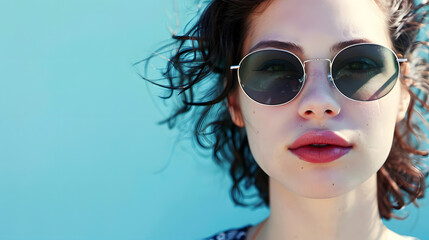 Close-up of a beautiful 25 year old woman with sunglasses, blue background