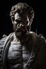 Mysterious ancient greek, roman male stoic statue, sculpture in dramatic lighting, shadows highlighting the impressive muscular build and classical beauty. 