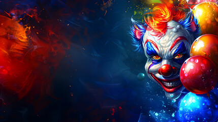 Fototapeta premium Vibrant Clown Face with Colorful Balloons on Abstract Festive Background