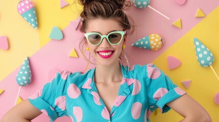 Retro fashion  woman in sunglasses with pop art background in surreal 60s 70s disco club culture